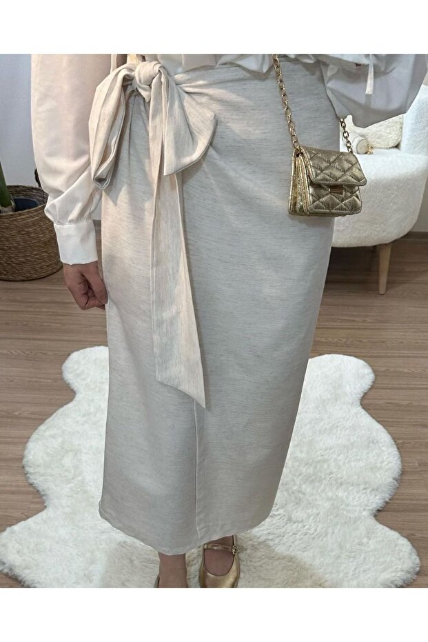 Beige Women's Skirt - Tie-Up Design