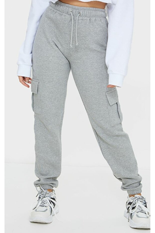 Women's Gray Gray Sweatpants - Cargo Pocket and Elastic Leg