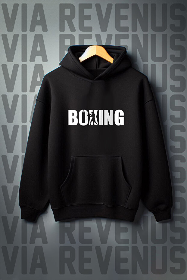 Boxing Printed Kangaroo Pocket 3 Thread Raised Oversize Wide Fit Hooded Sweatshirt