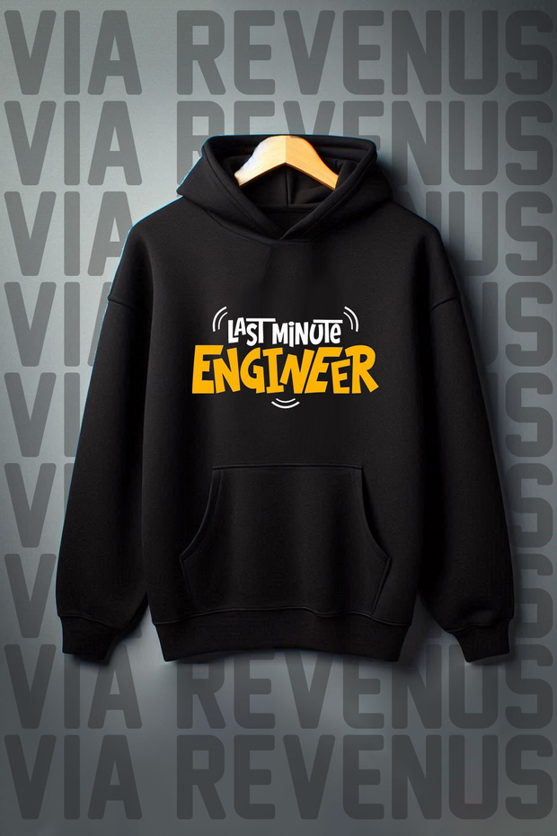 Engineer Printed Kangaroo Pocket 3 Thread Threaded Oversize Wide Fit Black Hooded Sweatshirt