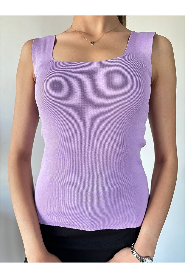 Kadın Askılı Kare Yaka Triko Örme Atlet Bluz - 4