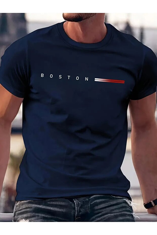 Men's Navy Blue Boston Stripe Printed Oversize T-Shirt