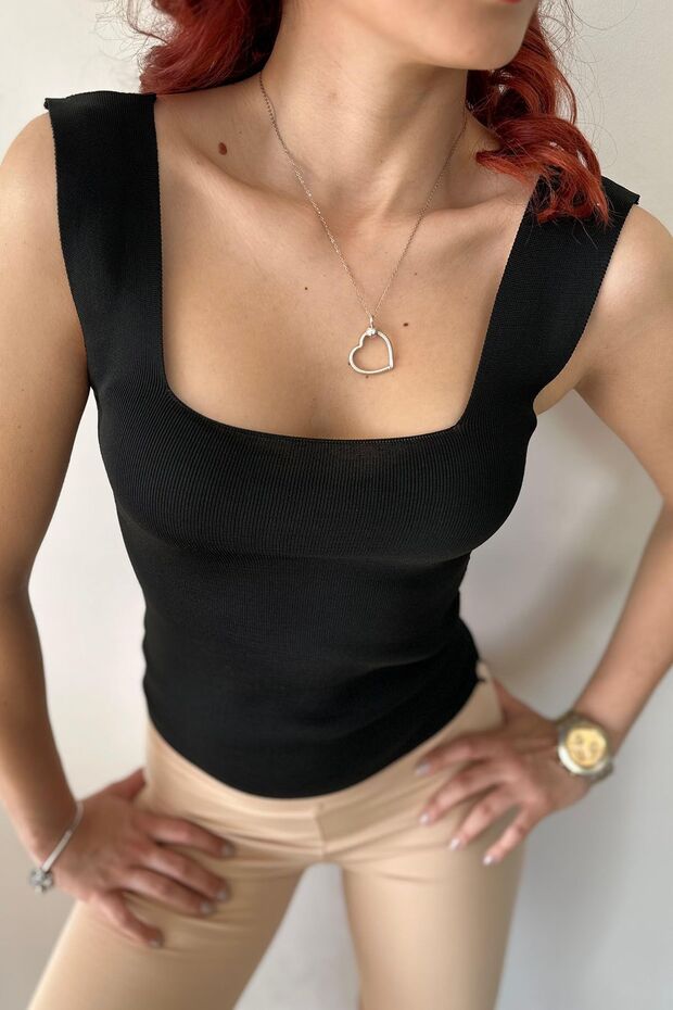 Kadın Askılı Kare Yaka Triko Örme Atlet Bluz - 1