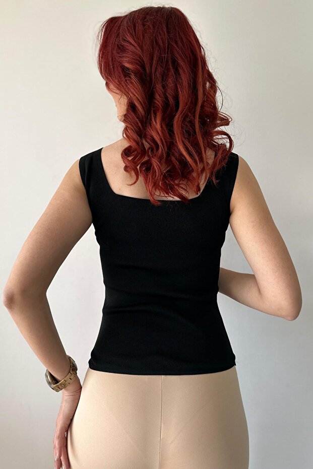 Kadın Askılı Kare Yaka Triko Örme Atlet Bluz - 4