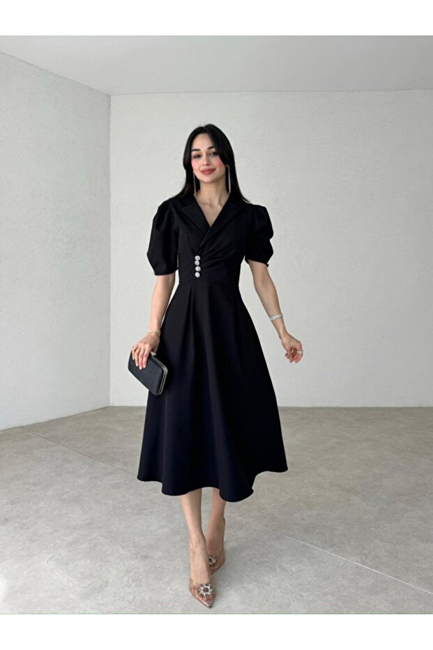 Kruvaze Yaka Taş Detaylı Drapeli Midi Elbise - 3