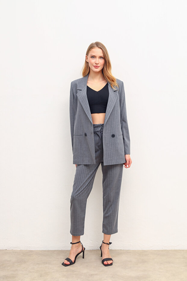 Women's Striped Blazer Jacket Carrot Pants Suit