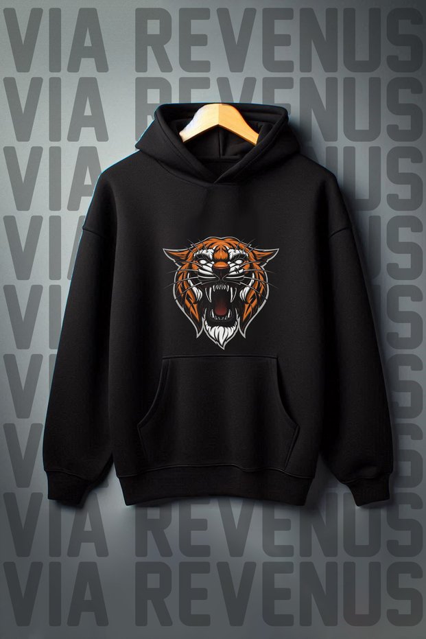 Tiger Printed Kangaroo Pocket 3 Thread Raised Wide Fit Black Hooded Sweatshirt