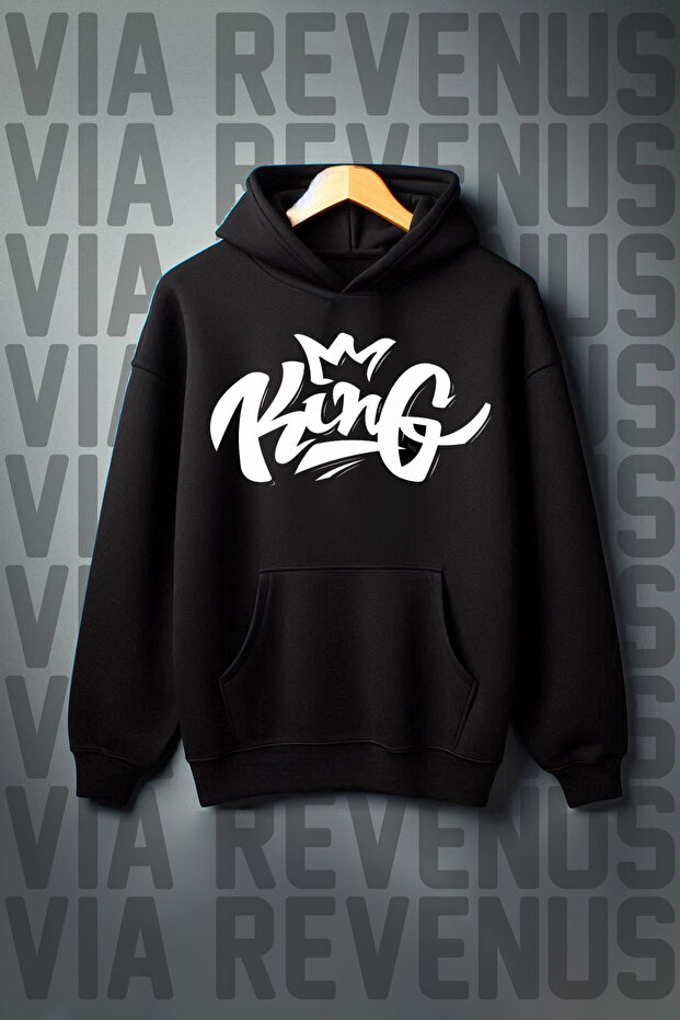 King Printed Oversize Hooded Sweatshirt - Kangaroo Pocket, 3 Thread Raster