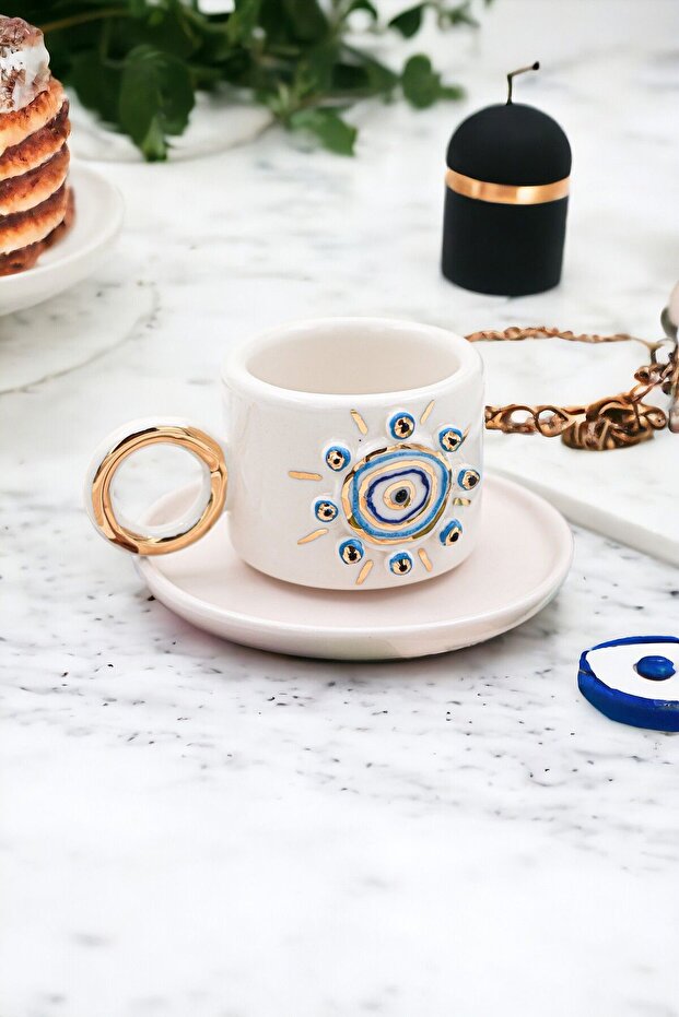 Nazar Series Large Evil Eye Bead Patterned 24k Gold Detailed Turkish Coffee Cup and Saucer