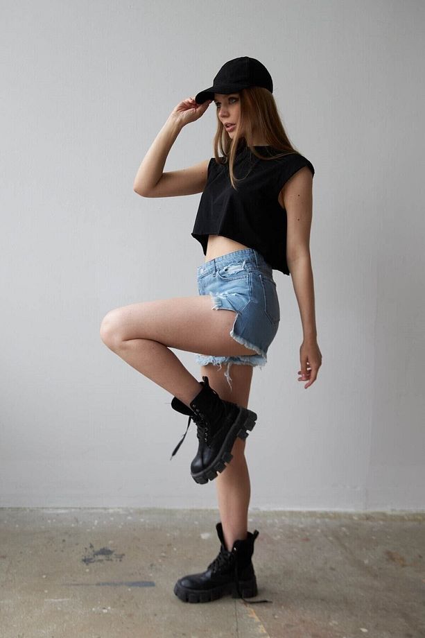 Mavi Yüksek Bel Lazer Yırtıklı Mini Denim Şort - 7