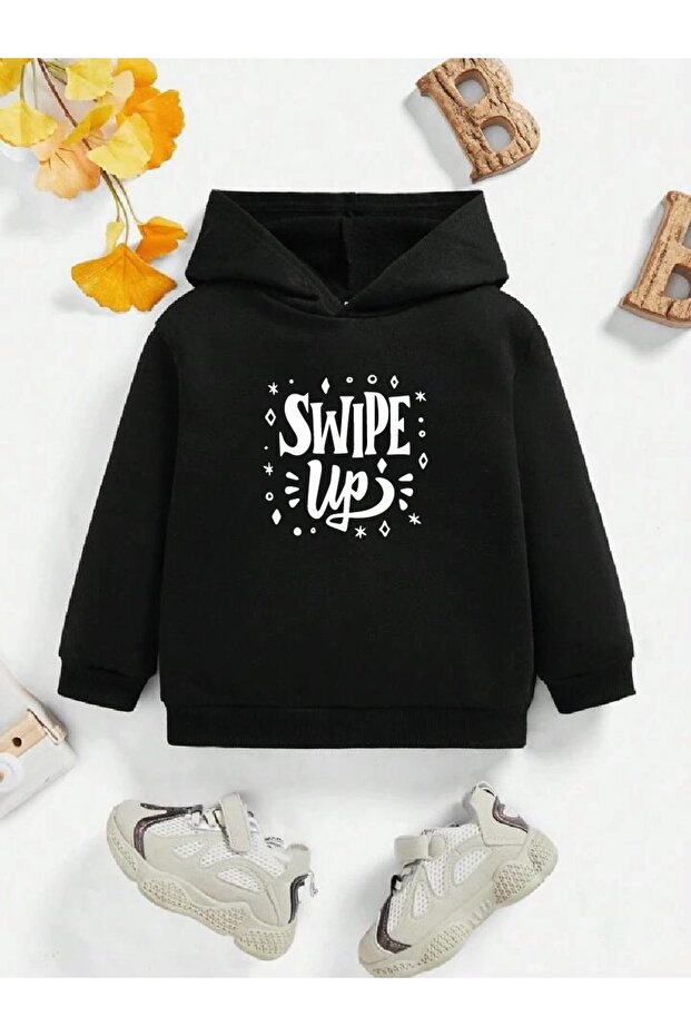 Girls-Boys Black Swipe up Front Printed Hooded Sweatshirt
