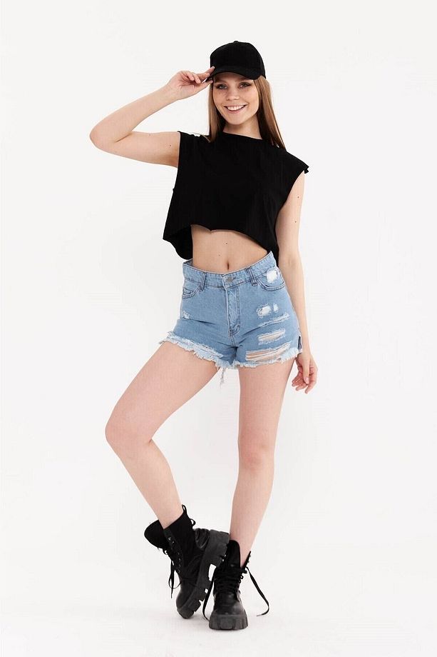 Mavi Yüksek Bel Lazer Yırtıklı Mini Denim Şort - 1