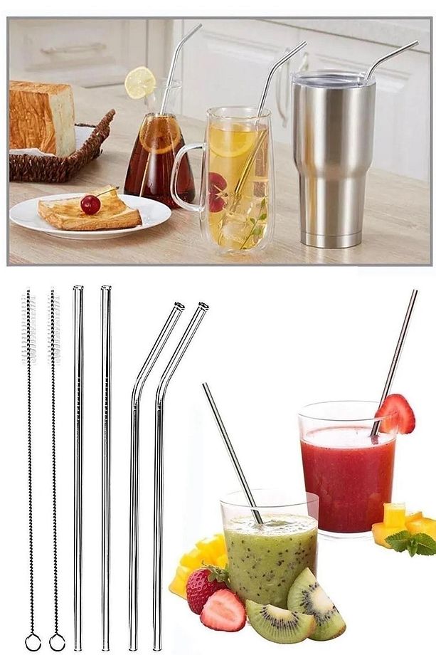 Çelik Pipet Paslanmaz Çelik Metal Meşrubat Pipeti Ve Temizleme Fırçası Setii 5 Parça (ciD) - 2