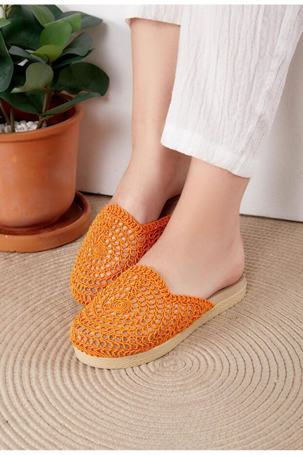 Kadın Hasır Taba Önü Kapalı Örgü Dantel Triko Örme Detaylı Şık Yazlık Ev Tatil Terliği - 2