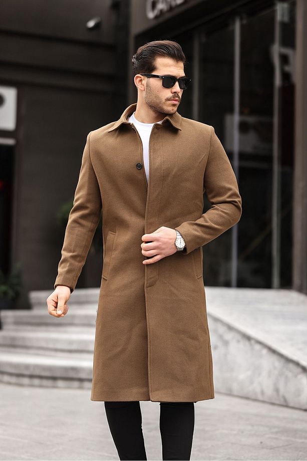 Erkek Taba Dar Kesim Uzun Yün Karışımlı Kaşe Gömlek Yaka Palto&kaban - 5