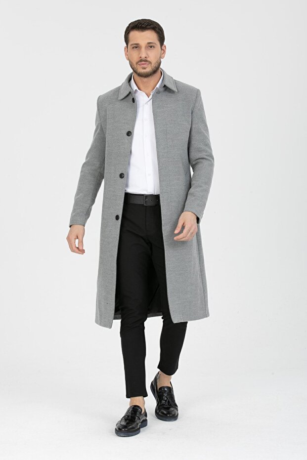 Men's Light Gray Slim Fit Long Wool Blend Stitched Shirt Collar Coat&Coat
