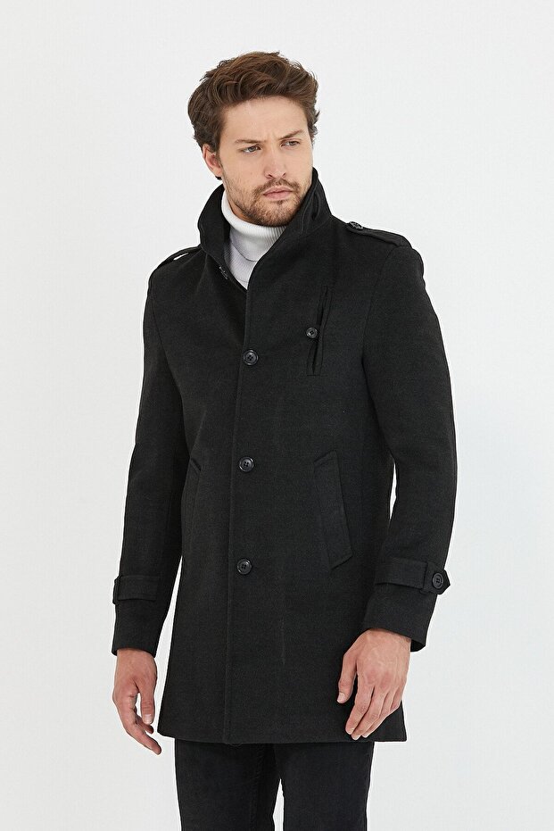 Men's Anthracite Slim Cut Stand Collar Long Wool Blend Cashmere Coat