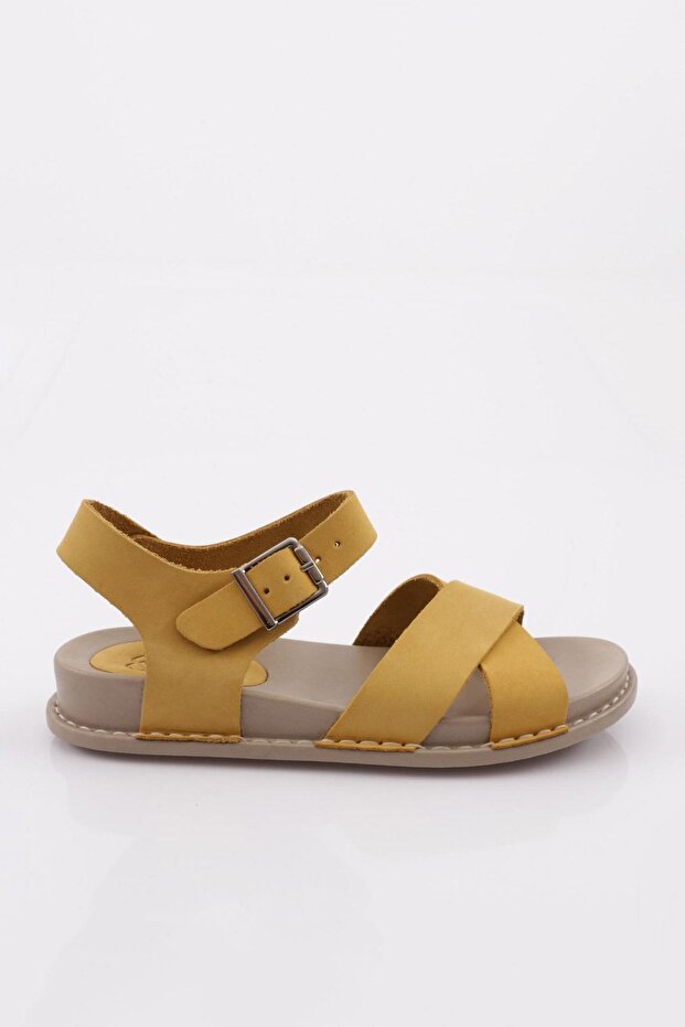 P31 Women's Cross Strap Sandals Genuine Leather Yellow Nubuck