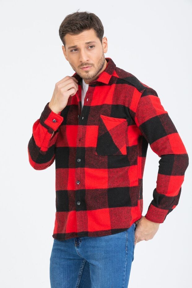Men's Red Black Plaid Oversize Long Sleeve Checked Thick Fabric Lumberjack Shirt