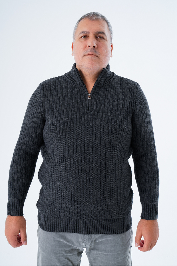 Big Size Men's Anthracite Zigzag Walked High Collar Short Zipper Knitwear Wool Sweater Trist-2117