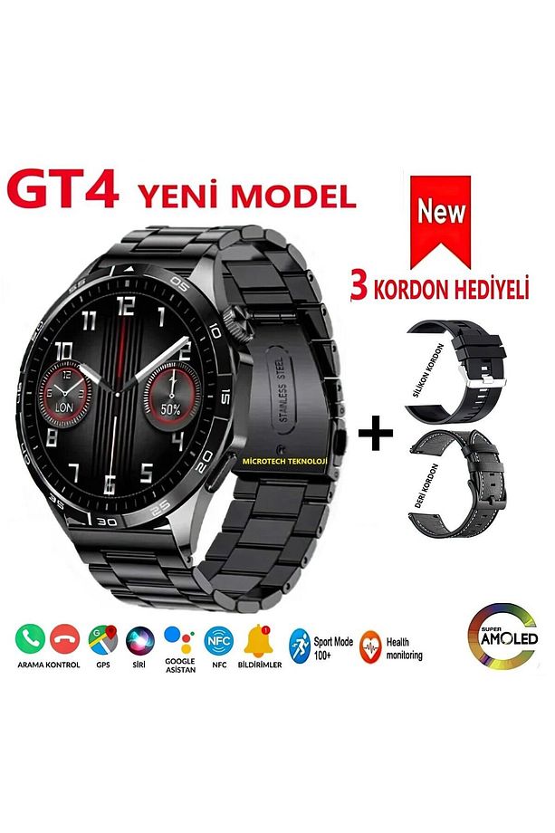 Gt4 Amoled Ekran 3 Kordonlu Çelik Kasa Akıllı Saat (2024 YENİ MODEL) - 1