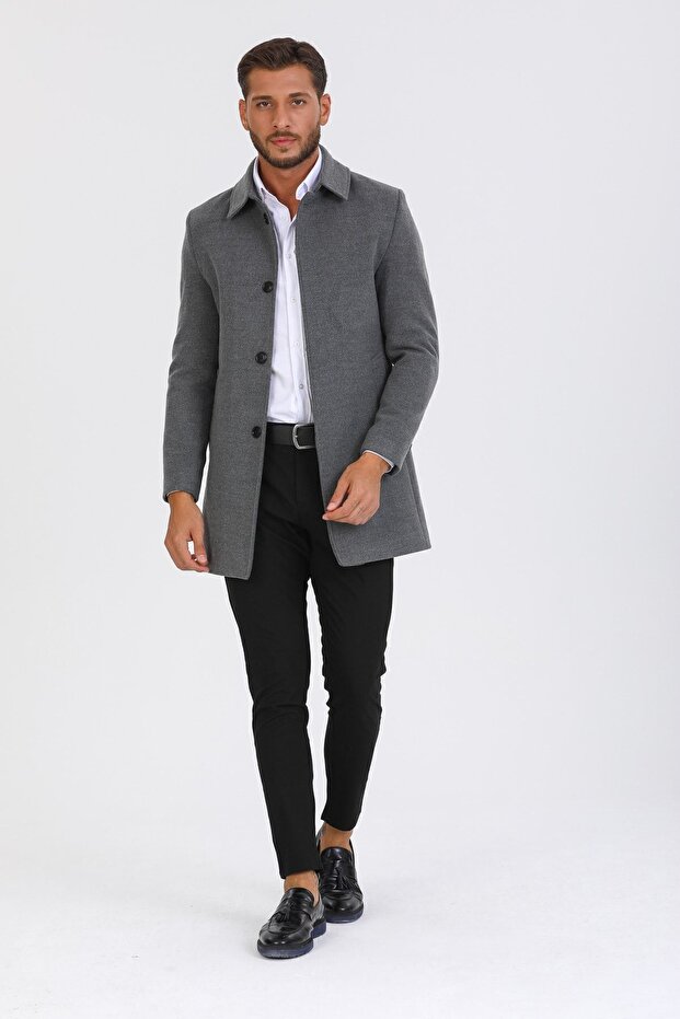 Grauer Slim Fit Mantel aus Wollmischung mit genähtem Hemdkragen für Herren - 5