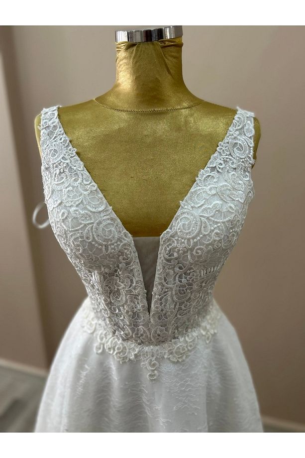 Helen Model Midi Boy Fransız Dantel Pul Işlemeli Krem Renk Nikah, After Party Elbisesi - 5