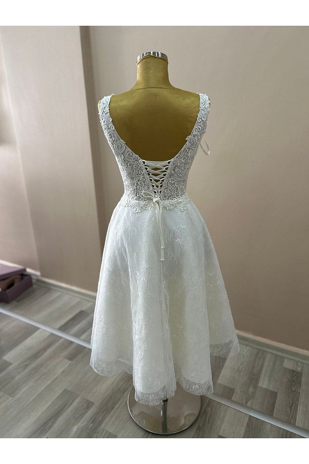 Helen Model Midi Boy Fransız Dantel Pul Işlemeli Krem Renk Nikah, After Party Elbisesi - 6