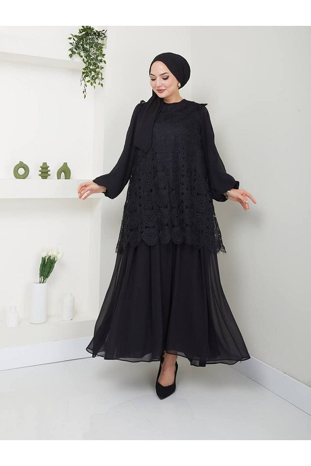 10 NUMARA MODA Kadın Tesettür Siyah Uzun Elbise Dantel Detaylı Astarlı Şifon Büyük Beden 10NMR462 - 9