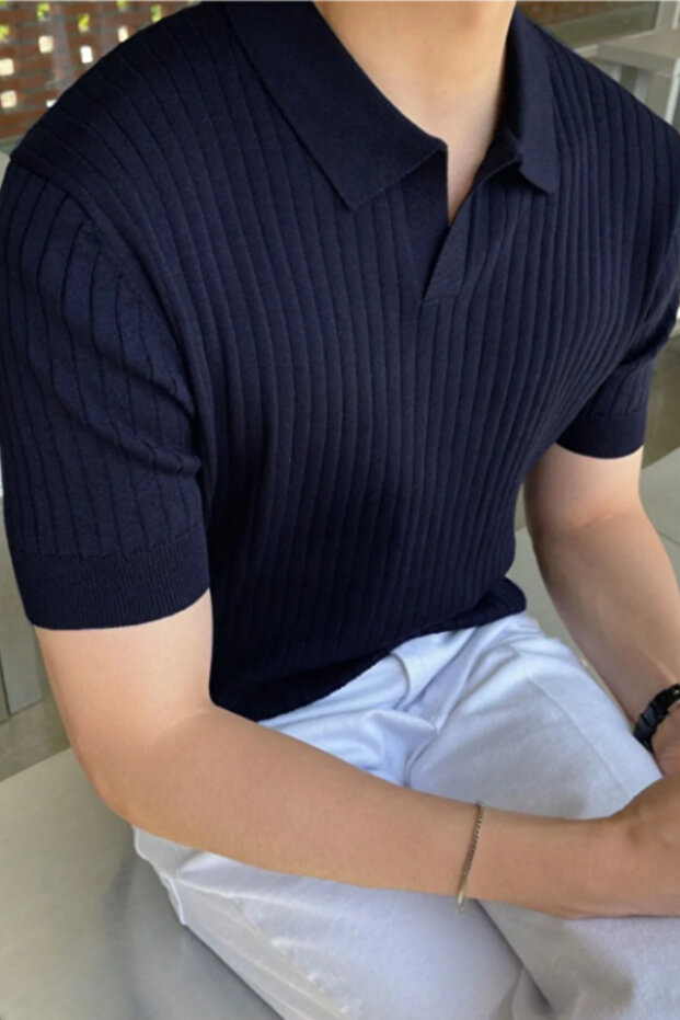 Navy Blue Slim Tight Polo Neck Plain Knitwear T-Shirt