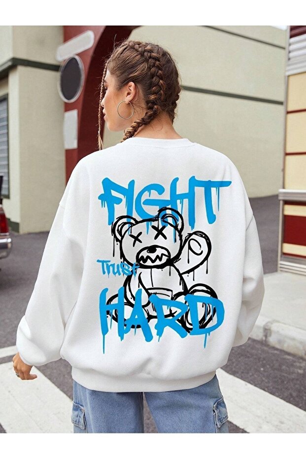 Fight Trust HARD - سويت شيرت أبيض كبير الحجم برقبة دائرية للجنسين