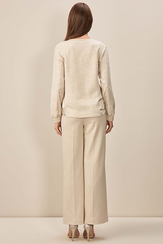 Geniş Paça Bej Örme Pantolon - 4