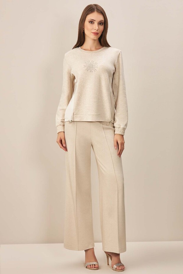 Geniş Paça Bej Örme Pantolon - 1