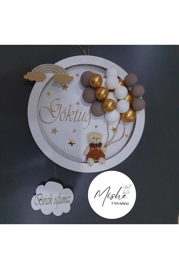 Tasarım Ahşap Yenidoğan Led Işıklı Ayıcıklı Bubble Kapı Süsü Yuvarlak - 3