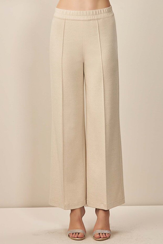 Geniş Paça Bej Örme Pantolon - 7