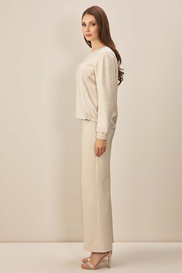 Geniş Paça Bej Örme Pantolon - 3