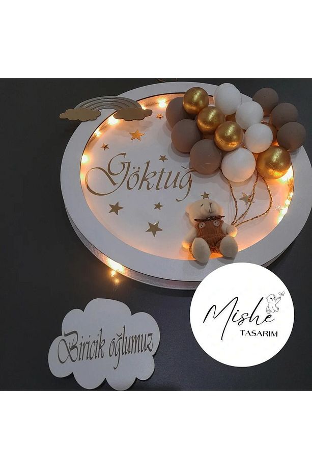 Tasarım Ahşap Yenidoğan Led Işıklı Ayıcıklı Bubble Kapı Süsü Yuvarlak - 6
