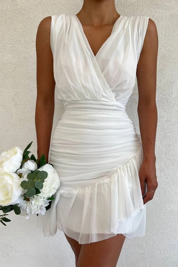 Women's Double Breasted Collar Lined Tulle Fabric Sleeveless White Mini Dress 9400
