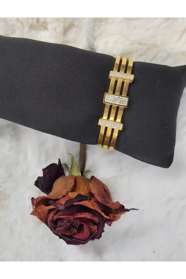 Steel Color Resistant Gold Color Handcuffs with Stone Detail
