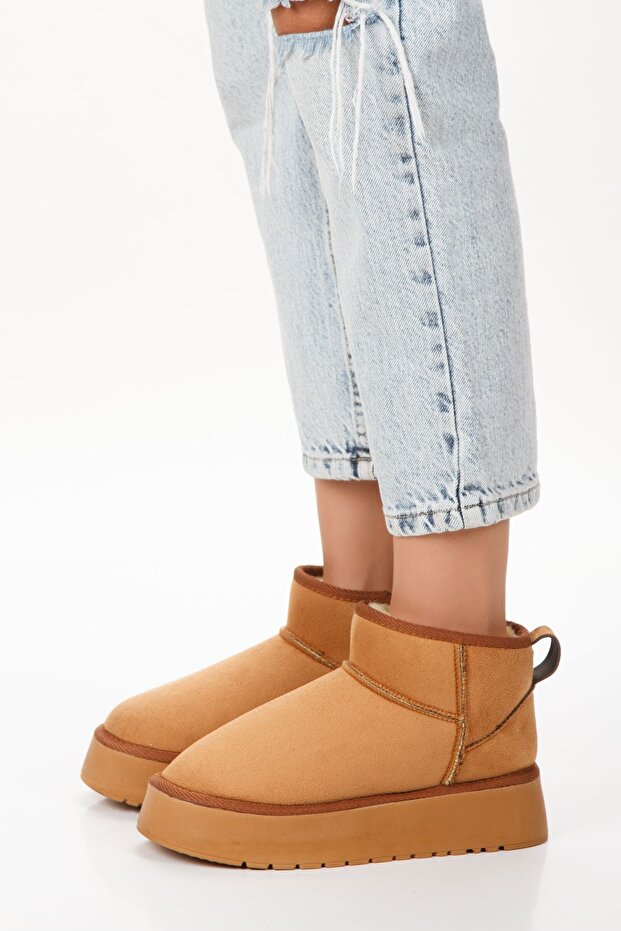 Kadın Kalın Taban Ultra Mini Kürklü Süet Kışlık Taba Bot Boots Bootie - 4
