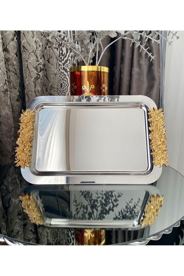 1 Piece Single Coffee & Tea & Presentation Rectangular Large Presentation Tray Steel Rose Model Gold 30 cm