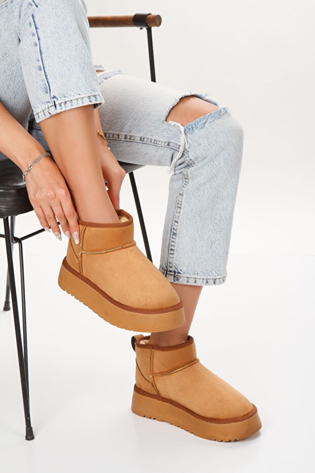 Kadın Kalın Taban Ultra Mini Kürklü Süet Kışlık Taba Bot Boots Bootie - 1