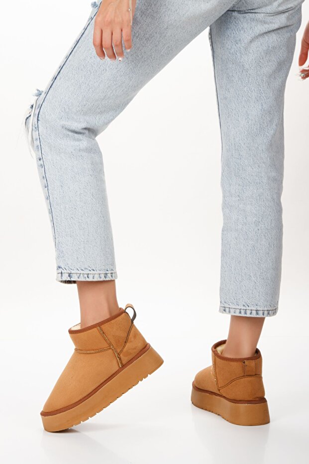 Kadın Kalın Taban Ultra Mini Kürklü Süet Kışlık Taba Bot Boots Bootie - 3