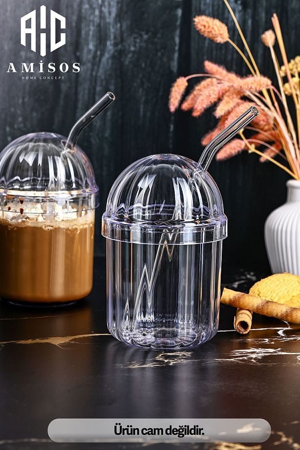 Monica 4'lü Cam Pipetli Kristal Bardak 400ml Meşrubat Bardağı 4 Adet Bardak 4 Adet Pipet - 3