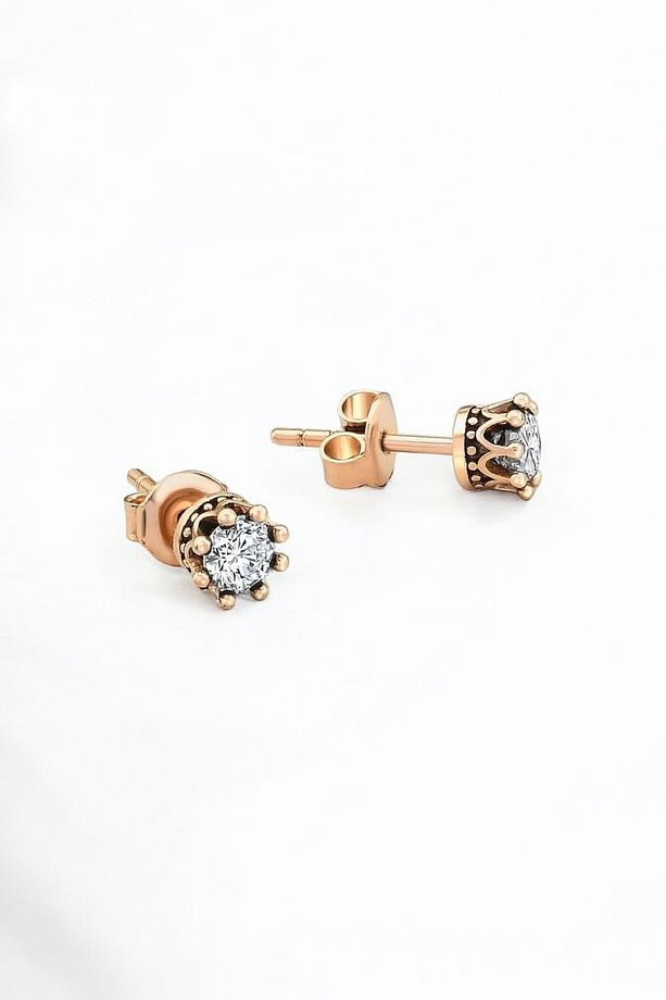 Gümüş 925 Ayar Taç Model Tek Taş 4.5 Mm Çivili Rose Küpe - 1