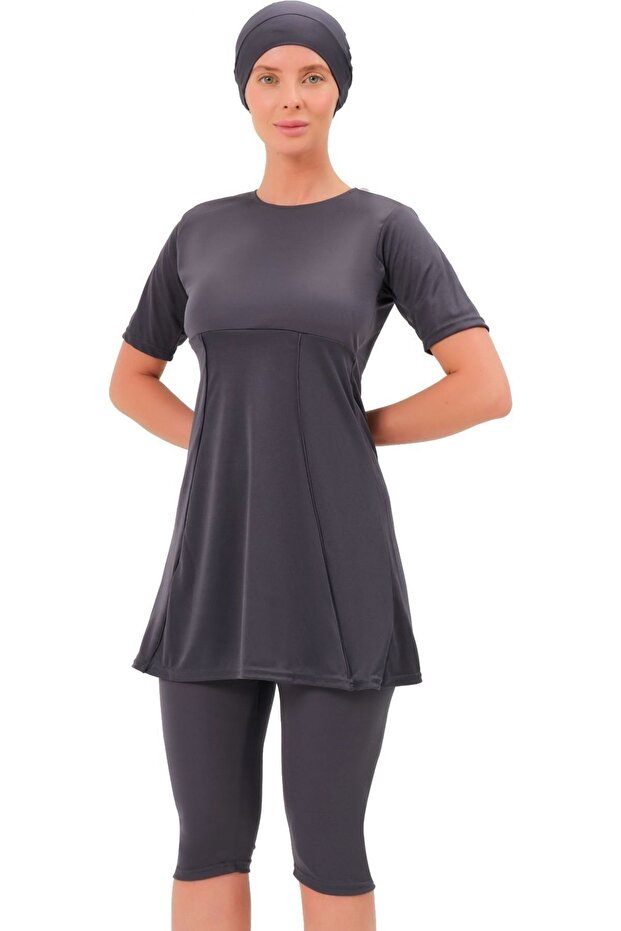 Half Sleeve Plain Semi Hijab Swimsuit 7832 Anthracite Plus Size
