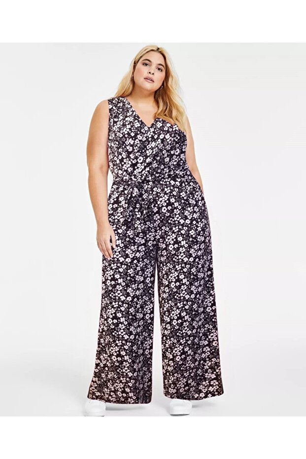 Black and White Floral Patterned Plus Size Long Jumpsuit with Pockets