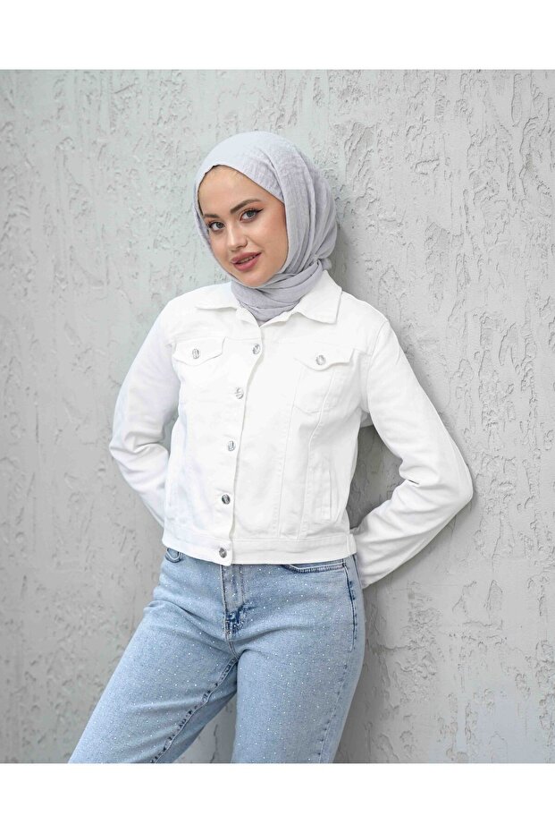 سترة بيضاء قصيرة من الدنيم - 1