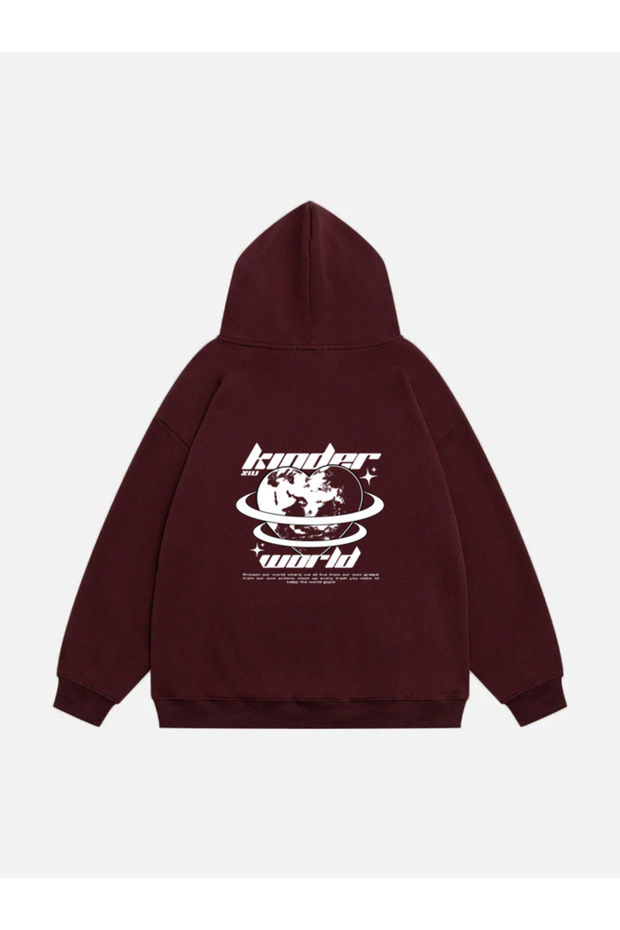 Unisex Kinder World Printed Hooded Fleece Oversize Sweatshirt