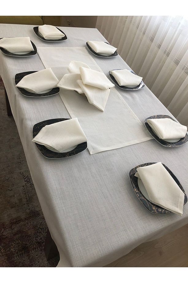12 Kişilik Işlenebilir Linen Kumaş Masa Örtüsü Takımı - 2